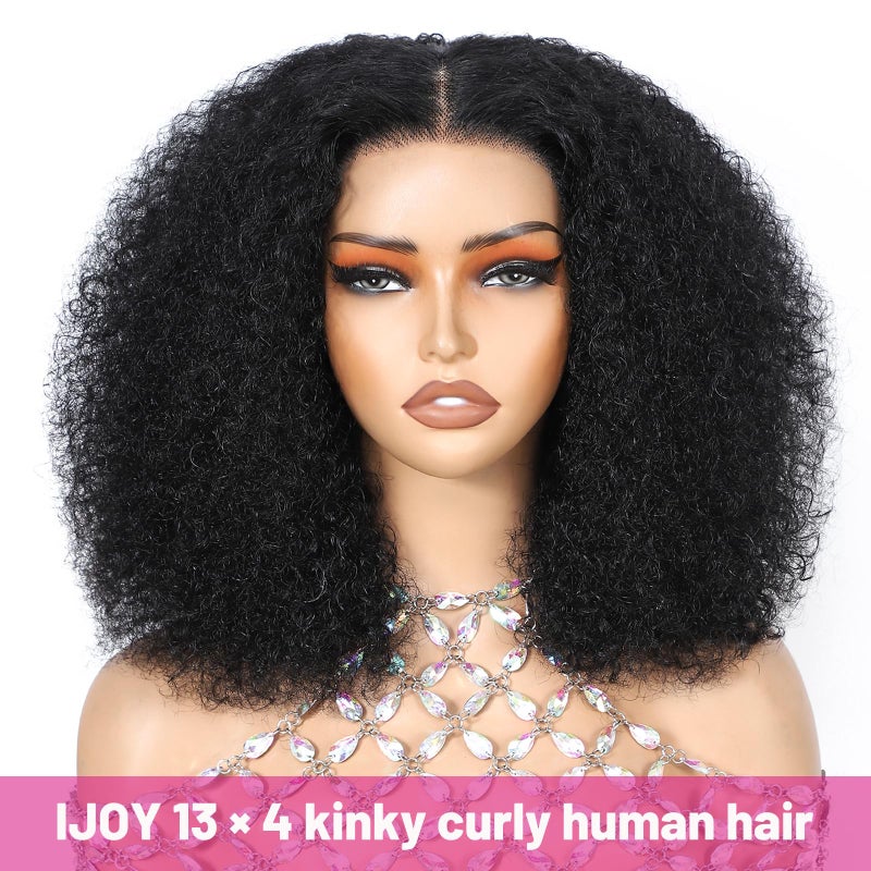 ijoy Natural Black Kinky Curly Wig Human Hair 16 Inch 13x4 Lace Front Wigs 180 Density, Full and Thick Afro Curly Wigs for Black Women Brazilian Virgin Hair Bob Frontal Wig Natural Black Afro kinky - Image 3